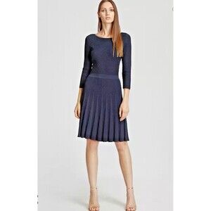REISS Women's Smyth Knitted Fit And Flare 3/4 Sleeve Dress Navy Blue Sz 10